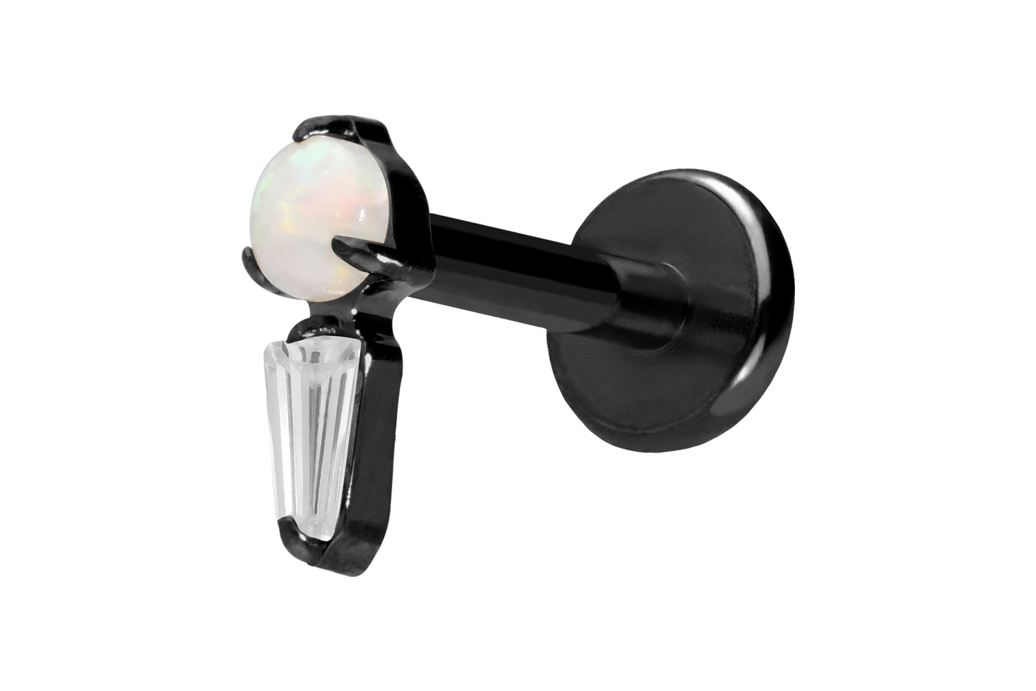 Titan Labret Piercing mit Push Fit SYNTHETISCHER OPAL + KRISTALLRECHTECK